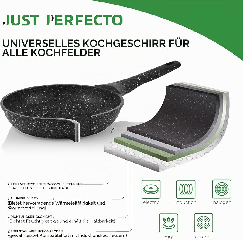 JUST PERFECTO Topf und Pfannenset Induktion - Pfannenset mit deckel - Induktions Töpfe Set - Töpfe und pfannen set ohne PTFE und PFOA - Kochtopfset induktion Aluminium mit Antihaftbeschichtung 15 pcs