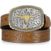 UpFind Kids Western Belt for Boys Girls Toddler Youth Genuine Leather Cowgirl Cowboy Belt with Silver Longhorn Buckle