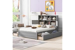 CITYLIGHT Full Bed Frame with Bookcase Headboard and 4 Drawers, Wood Full Size Platform Bed with Charging Station for Kids Teens Adults, No Box Spring Needed, Grey