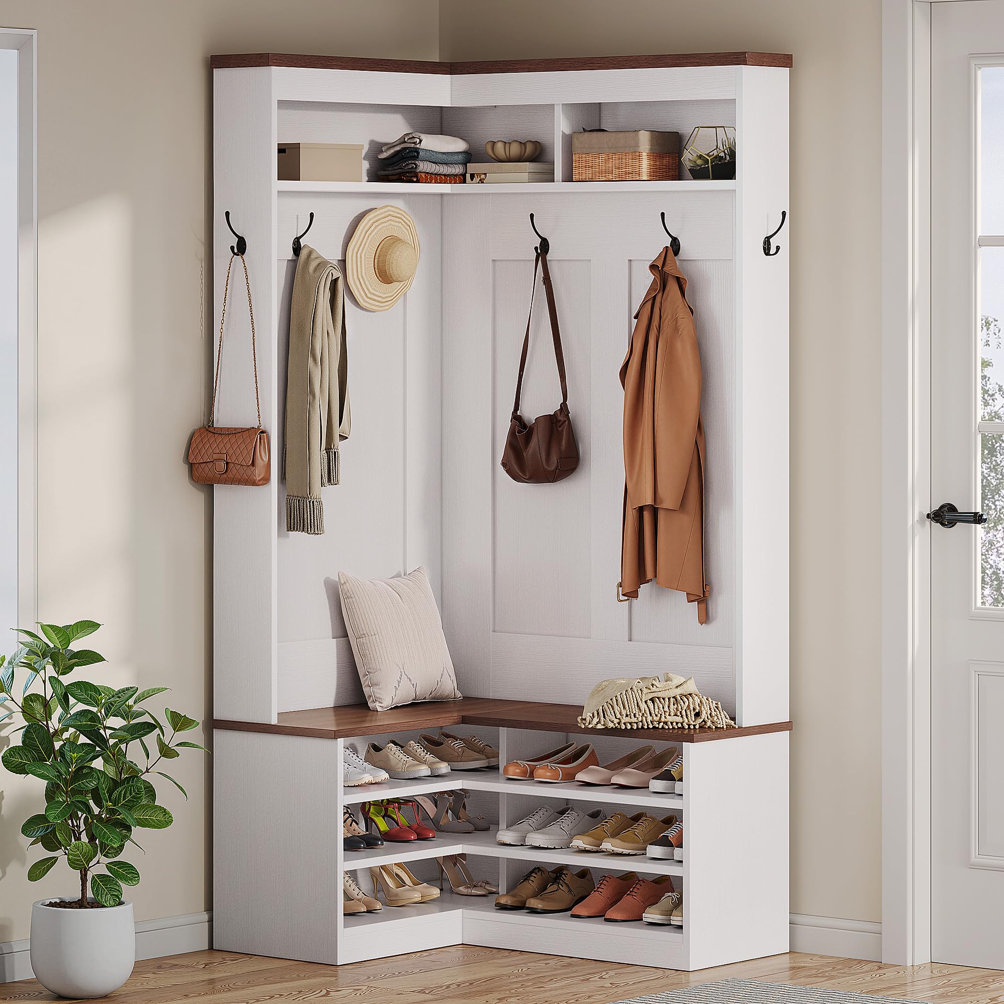 Photo 1 of YITAHOME L-Shaped Corner Hall Tree, 3 Tier Shoe Rack Cabinet with Bench, 6 Hanging Hooks & 2 Open Shelves, Rustic Farmhouse Entryway Storage Organizer for Mudroom, Living Room, Laundry Room