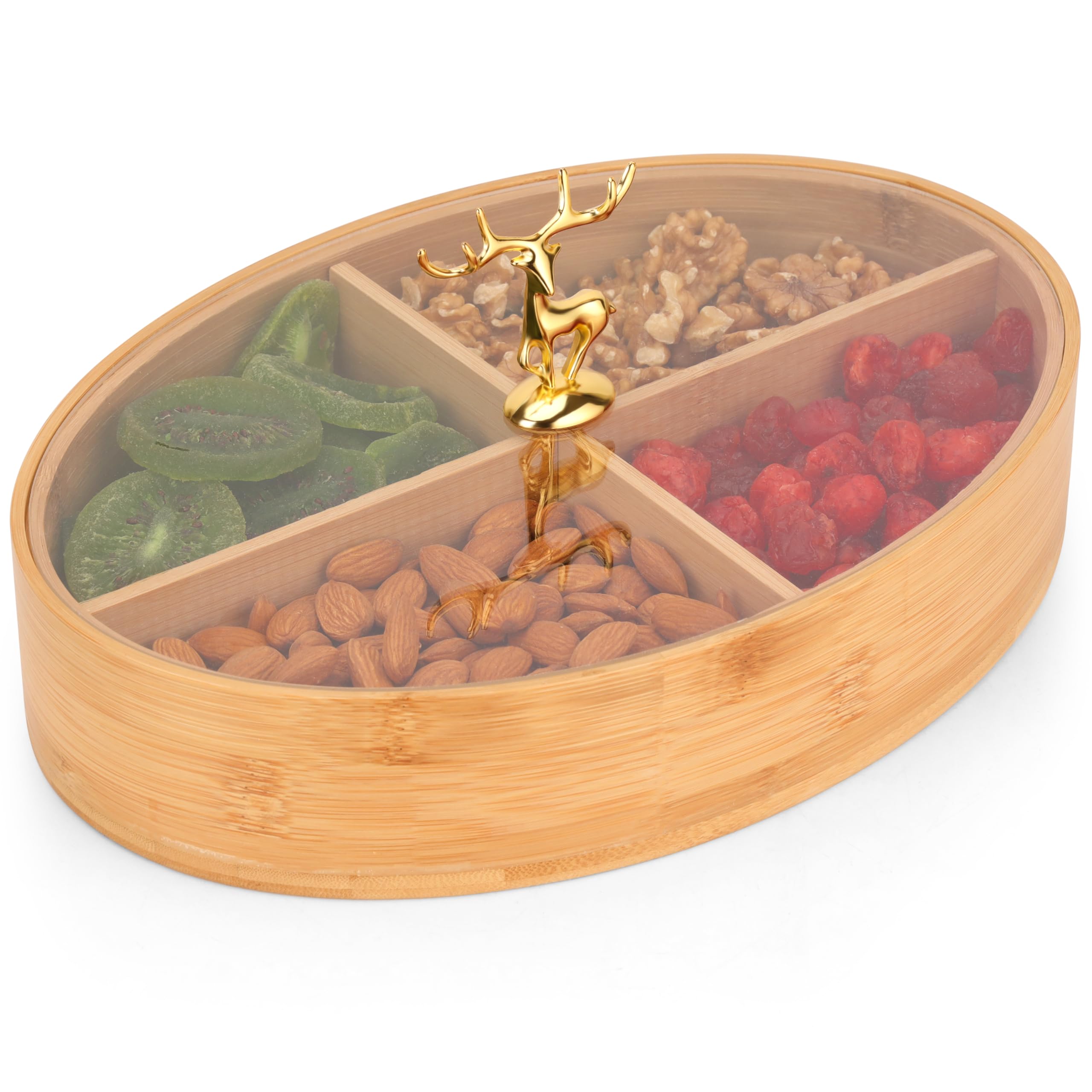 BELLE VOUS Round Serving Tray with Lid & 4 Compartments - 29cm/11.4 Inches Bamboo Nuts Platter Tray - Multipurpose Storage Container for Nuts, Dry Fruits, Candy, Tea Bags, Keepsake Items & Jewellery