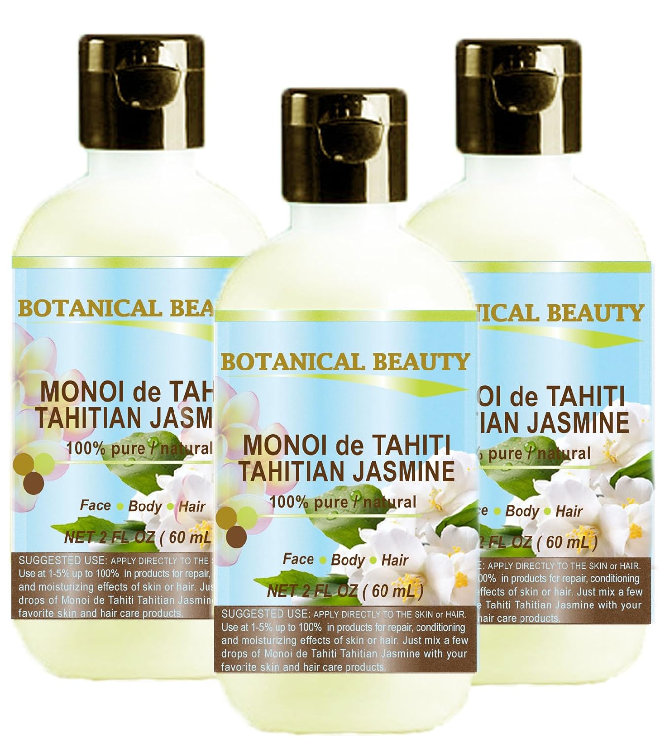 MONOI de TAHITI TAHITIAN JASMINE OIL 100% Natural / 100% PURE BOTANICALS. 2 Fl.oz.- 60 ml. For Skin, Hair and Nail Care.