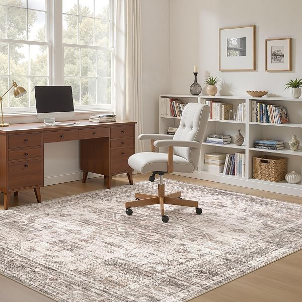 ELLIUNE WASHABLE AREA RUGS 6X9, SOFT LARGE 6X9 RUGS FOR LIVING ROOM NON-SLIP VINTAGE BROWN INDOOR CARPET STAIN RESISTANT RUGS FOR DINING ROOM BEDROOM NURSERY KID & PET FRIENDLY