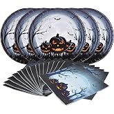Gatherfun Halloween Party Supplies Anger Black Pumpkin Disposable 10 inch Big Paper Plates and Paper Napkins for Spooky Halloween Party Decorations Serve 50