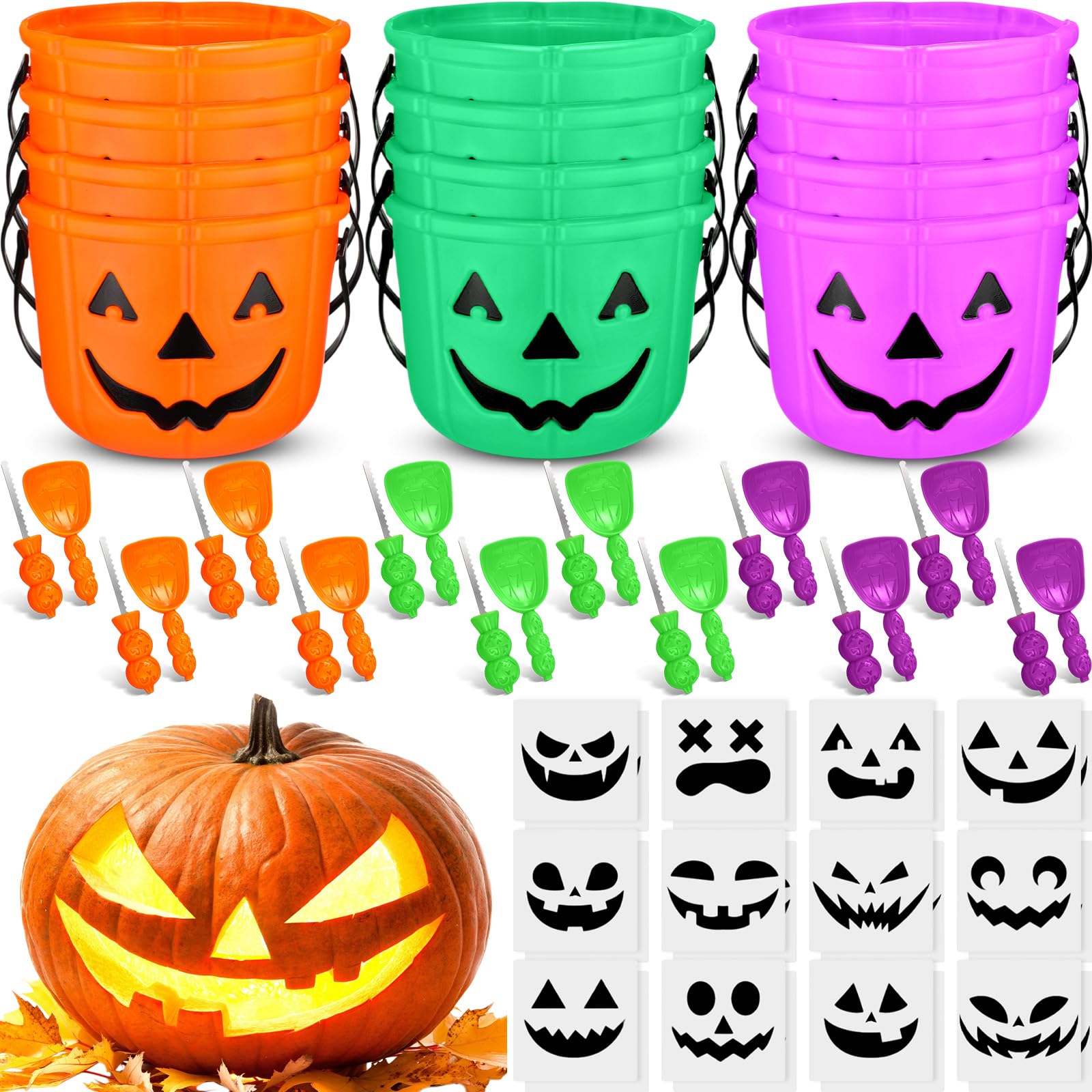 Photo 1 of Teenyyou 60 Pcs 12 Set Halloween Pumpkin Carving Kit Professional Heavy Duty Carving Tools Set Included 12 Gut Buckets 12 Knife 12 Scoops 24 Stencils for Family Party Halloween Decorations(Multicolor)