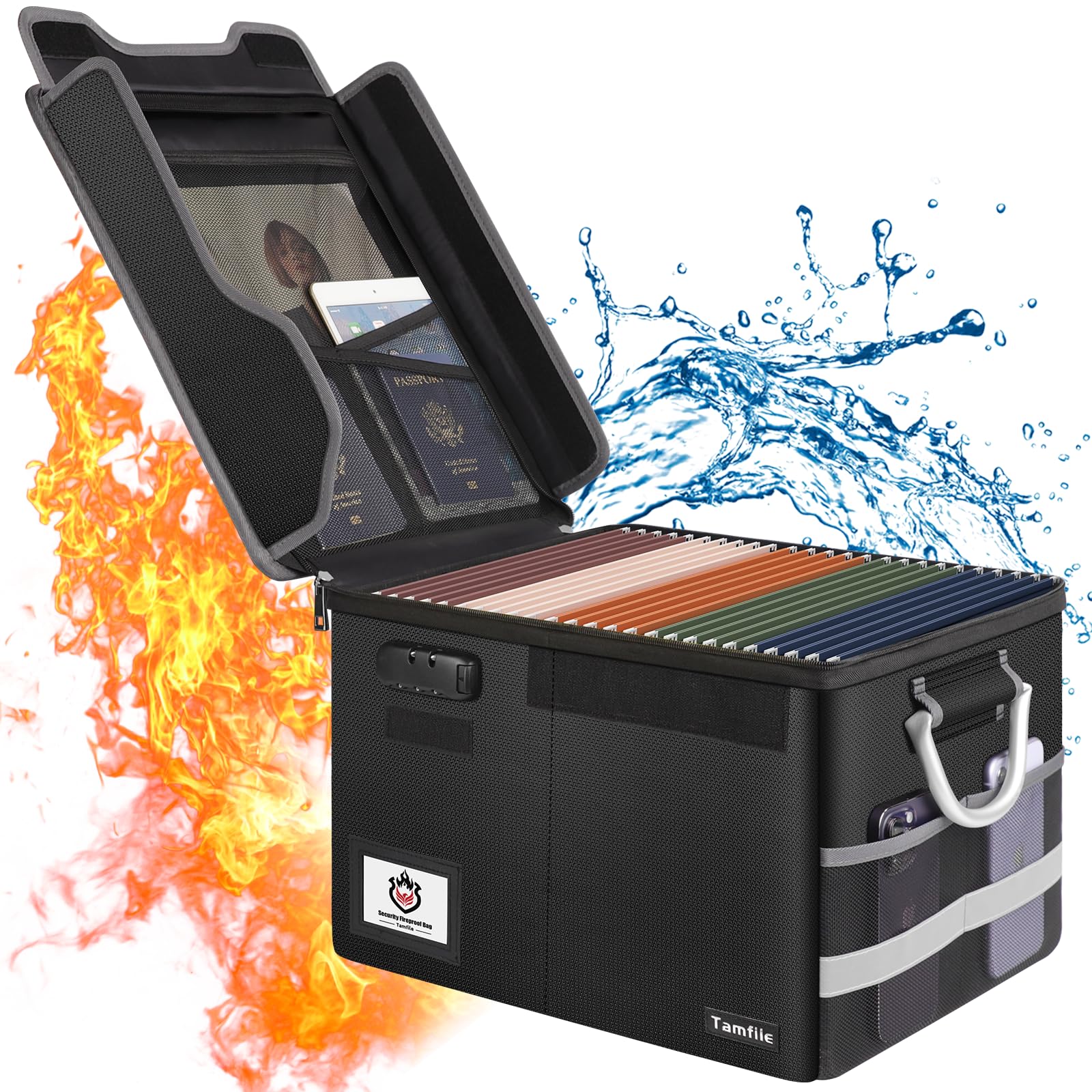 Tamfile Fireproof Document Box, Water Resistant Document Organiser Box with Lock & Zipper, Portable Collapsible Home Office File Storage Box with Handles for Hanging Letter/Legal Folder, Black