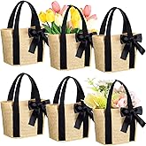 Clysee 6 Pcs Bridesmaid Straw Beach Bags Reusable Woven Burlap Tote Bags with Handles Ribbon for Bachelorette Wedding Gifts(Black)