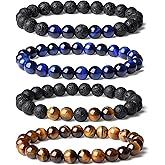 XIANNVXI Natural Stone Beads Bracelet for Men Crystal Bracelets 8MM Tiger Eye Lava Rock Obsidian Beaded Bracelet Set Black/Red/Blue Crystal Beaded Bracelets for Men