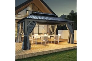 Aoxun 12FT X 16FT Hardtop Gazebo, Outdoor Pergolas with Mosquito Netting and Curtains, Galvanized Steel Double Roof Permanent Aluminum Gazebo, for Gardens, Decks, Patios, Parties