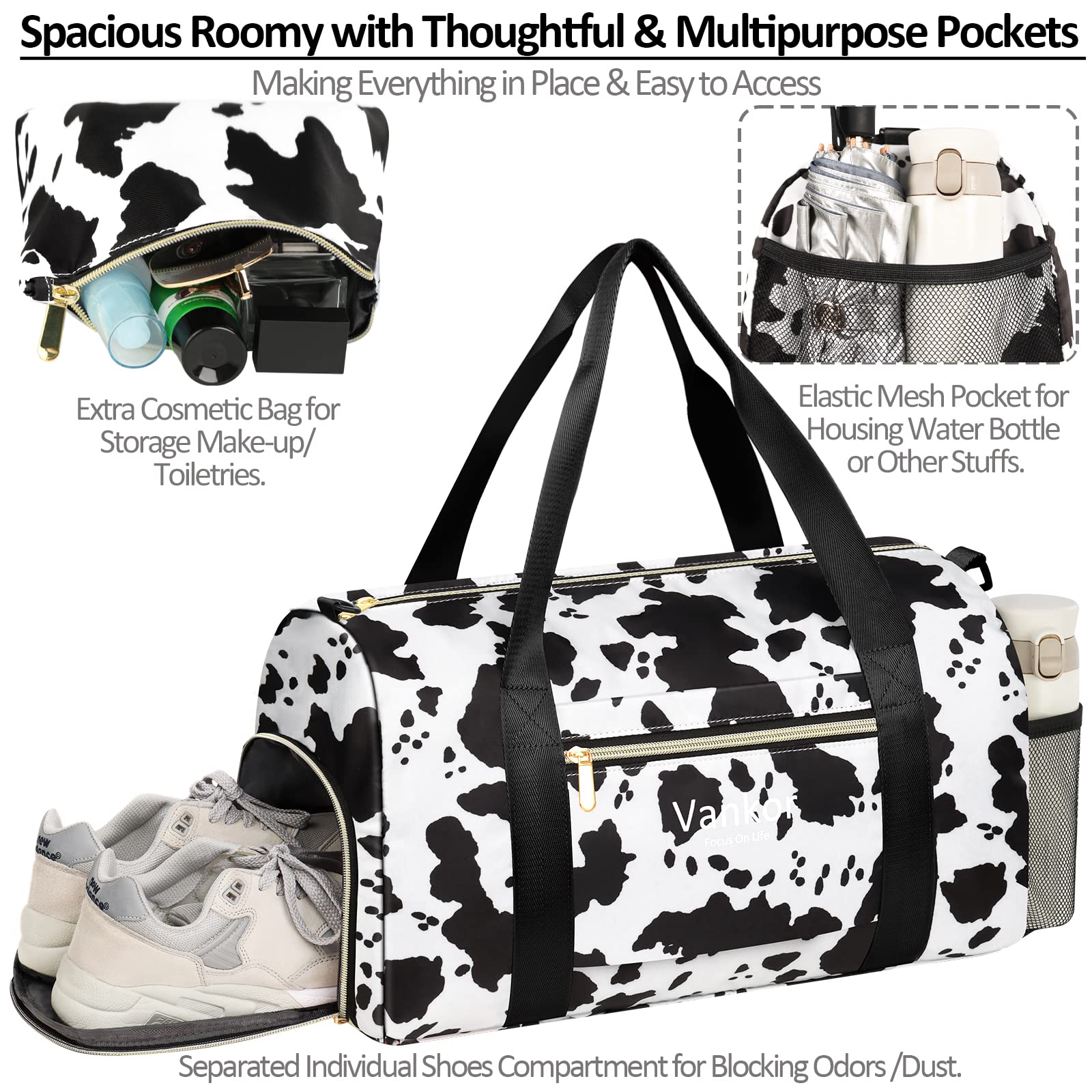 Vankor Gym Bag for Women with Shoe Compartment Waterproof, Sports Duffle Bag for Travel Duffel Weekender Carry on Beach Yoga Overnight Luggage Mommy Maternity Hospital Bag Cow Print 17.5 Inch