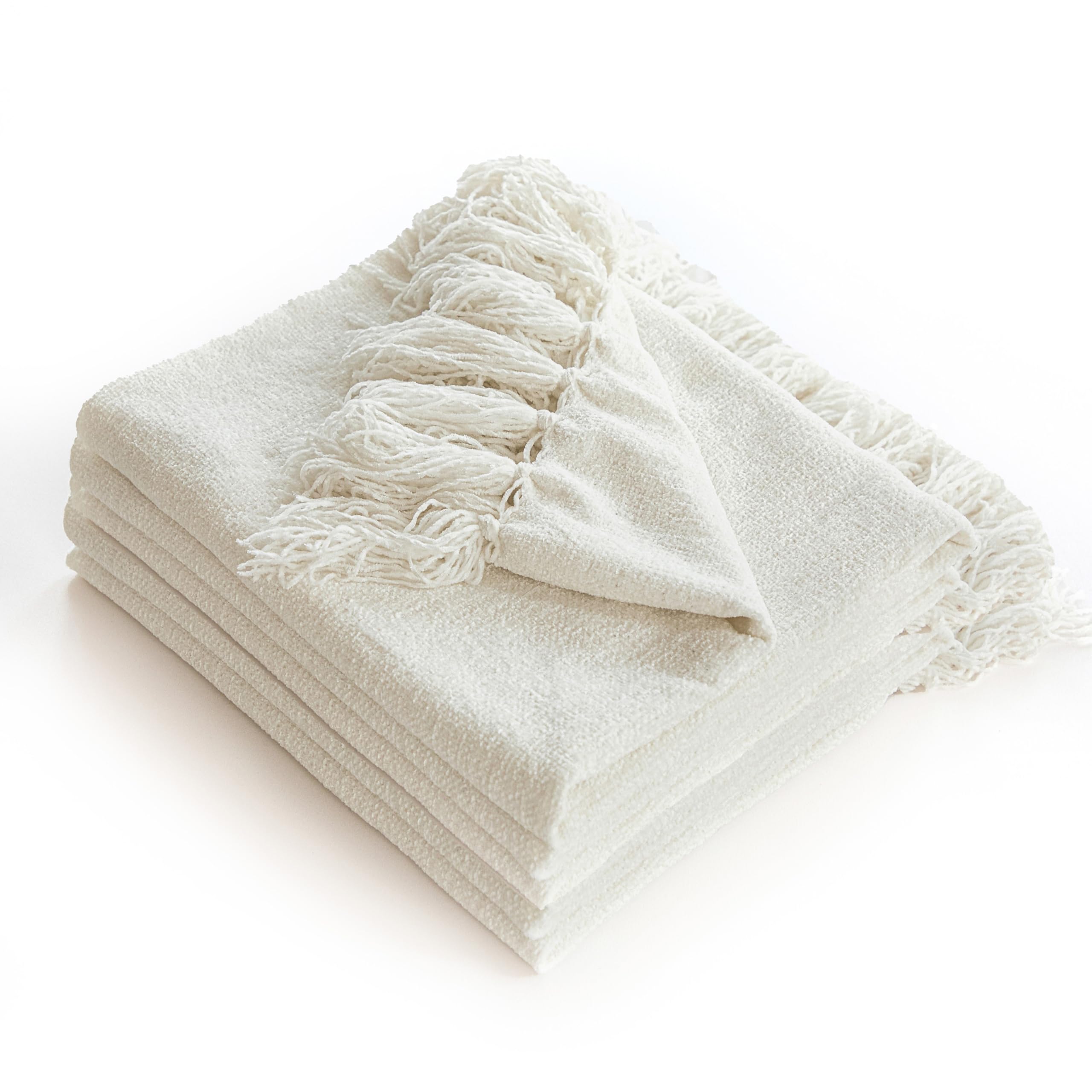Photo 1 of Simple&Opulence Soft Chenille Throw Blanket 50'' x 60'' - Cozy Fluffy Blanket with Fringe Tassel, Farmhouse Boho Blankets for Couch Bed Office Chair Gift Home Decor All Season Use, Cream