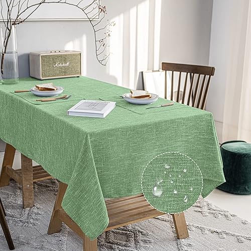 JSFLY Waterproof Cotton Linen Thick Tablecloths Rectangle Dining Table Cloth, Wipe Clean Indoor & Outdoor Table Cover for Kitchen Party and Banquets, Wrinkle Resistant（54"x120"） Grass Green