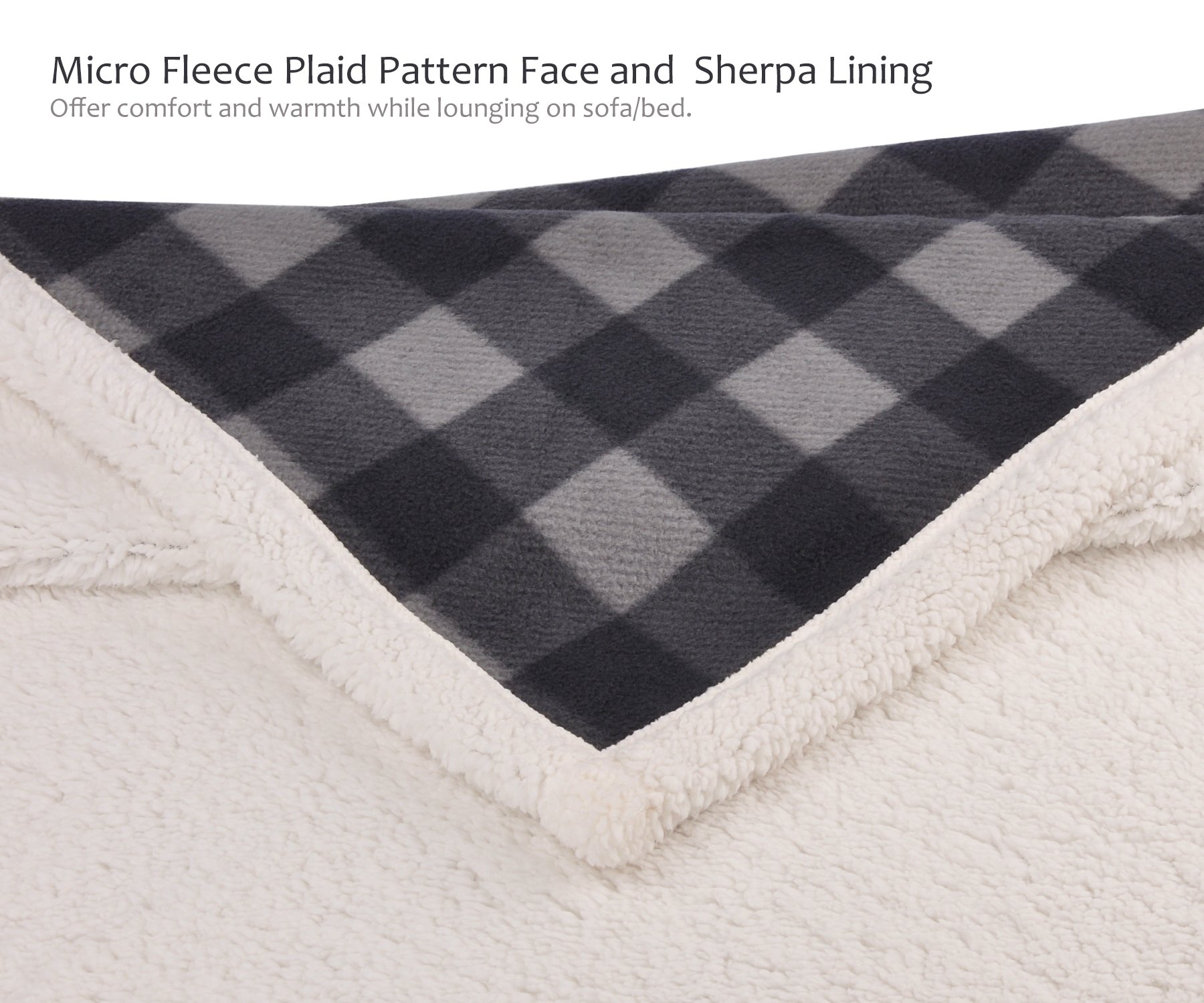 Sherpa Throw Blanket, Luxury Reversible Cozy Fleece Blanket, Warm Super Soft Comfort Caring Gift for Children and Adult, 152cm x 127cm, Black Plaid by Catalonia