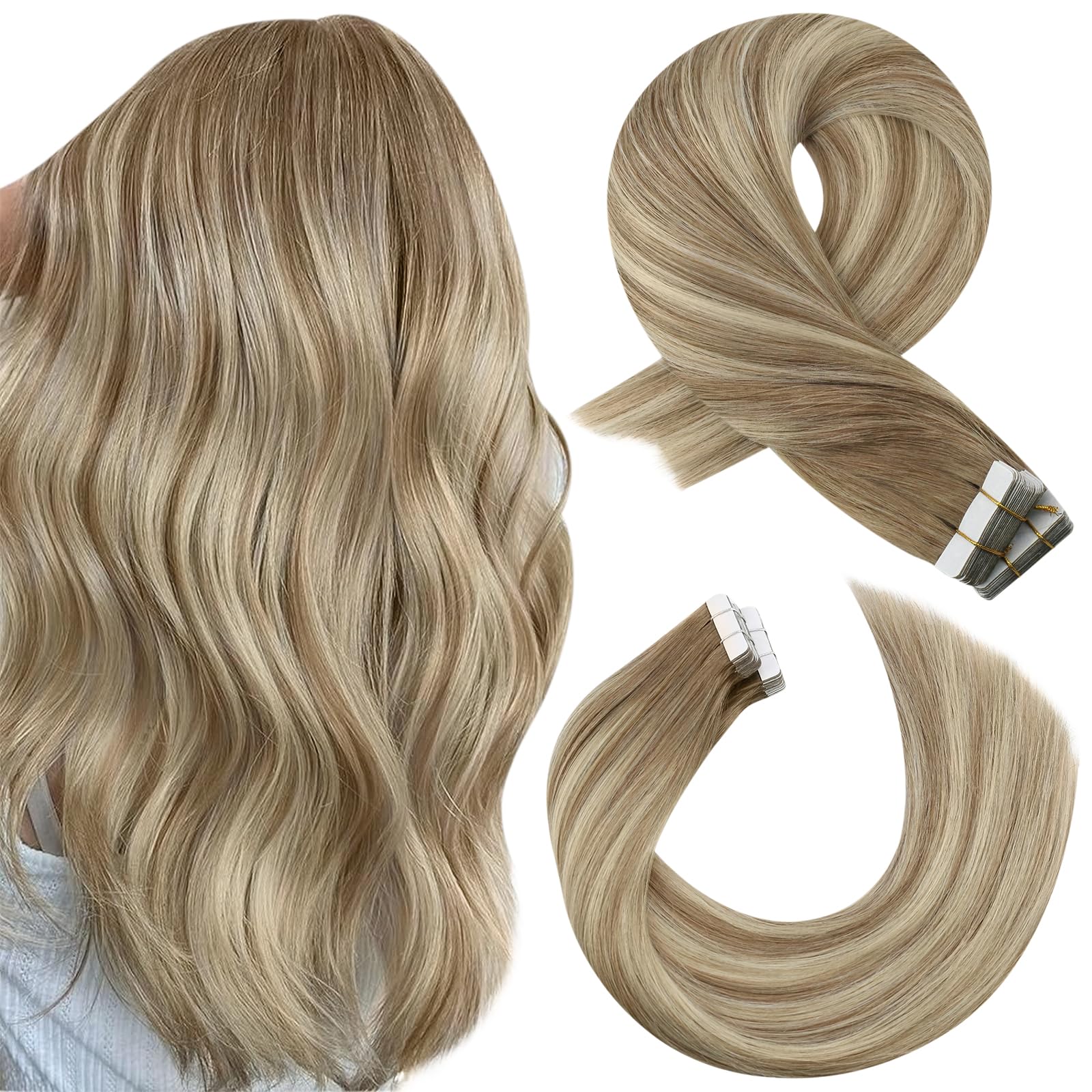 Moresoo Tape in Hair Extensions Human Hair 18 Inch Balayage Light Brown with Medium Blonde Human Hair Tape in Extensions Real Hair Remy Silky Soft Straight Hair 20pcs/50g #8/22/8