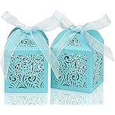COTOPHER 100Pcs Laser Cut Favor Boxes, 2x2x2.75in Small Gift Boxes for Presents, Party Wedding Favors Boxes with Ribbon, Mini Candy Boxes for Event Bridal Shower Anniversary Birthday Christmas, Sky Blue