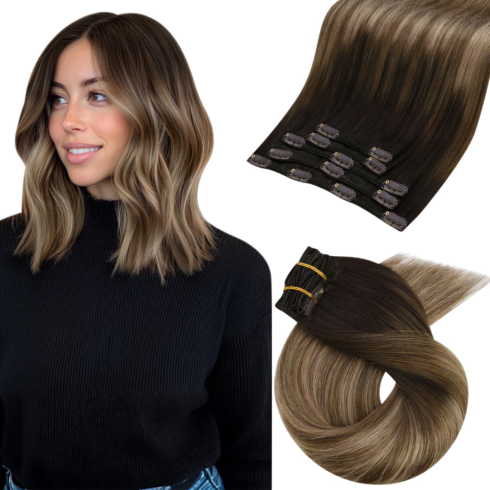 Moresoo Clip in Hair Extension Real Human Hair Balayage Brown to Blonde Human Hair Extensions Clip in Double Weft Ombre Add Volume Shoulder-Length Short Hair 12 Inch 5 Pieces 80g #4/10/16 — image 1