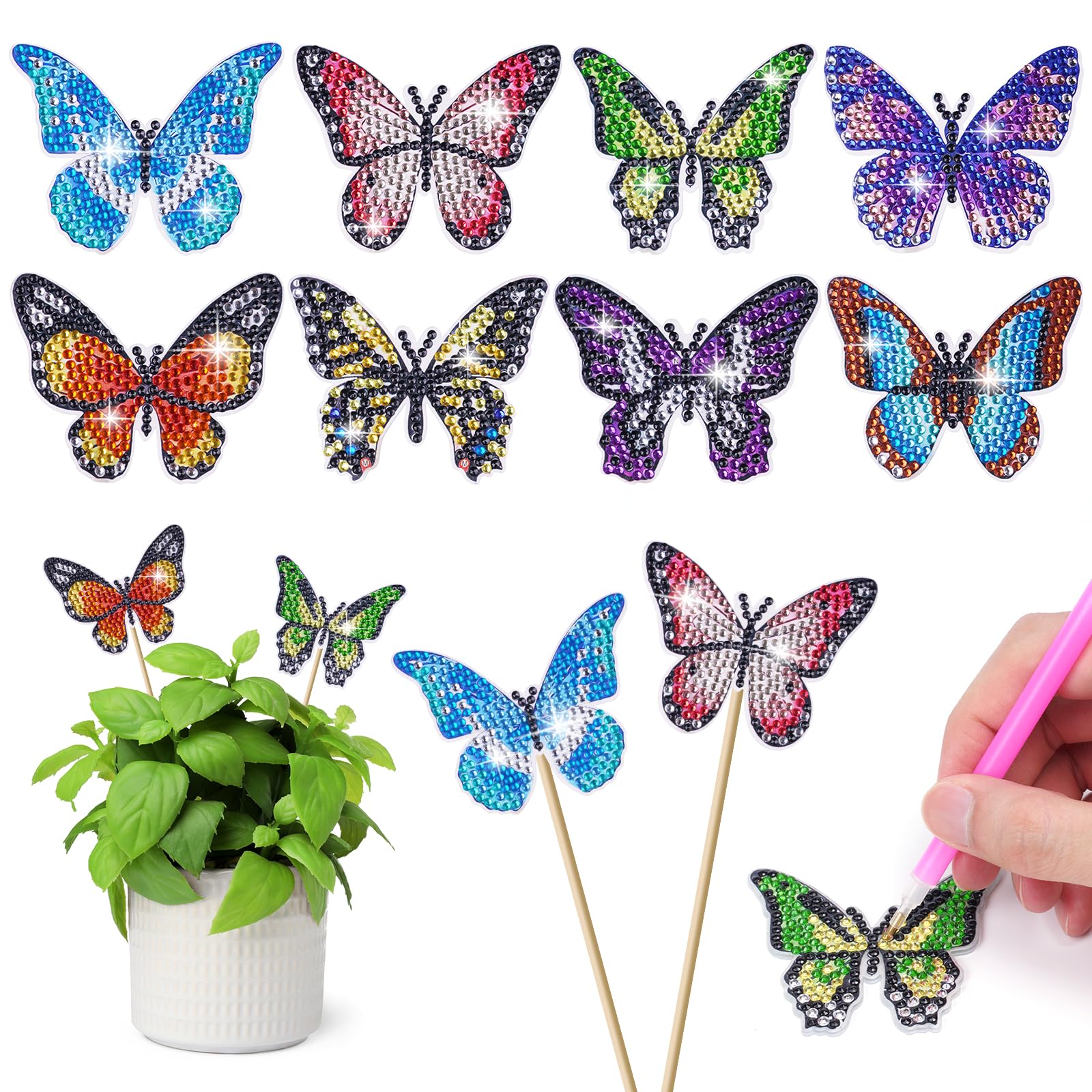 AUAUY 8PCS Butterfly Diamond Art Kits, Diamond Painting Set for Garden Decor, Butterfly Diamond Painting Ornaments Accessories, DIY Stakes Diamond Art Kits Crafts Supplies for Adult and Kids