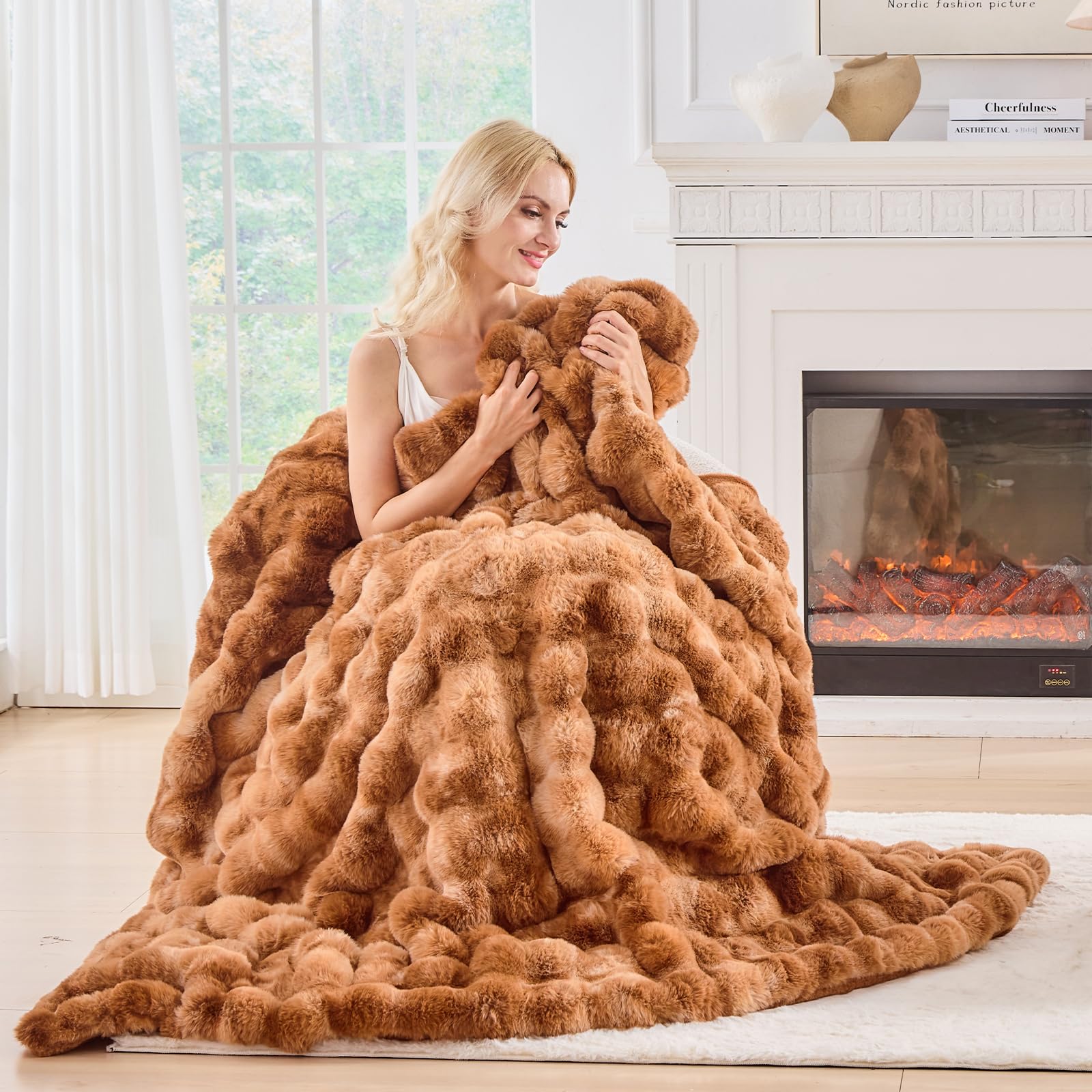 Photo 1 of BENVWE Faux Fur Throw Blanket for Couch - Fluffy Soft Thick Bubble Blanket for Living Room Home Decor - Fathers Day Birthday Gifts for Women Men, Tie-dye Caramel, 50" x 60"