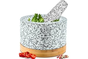 PRIORITY CHEF Heavy Duty Mortar and Pestle Set with Bamboo Base, 1.5 Cups, 100% Natural Granite Mortar and Pestle Small Stone Grinder Bowl, Molcajete Bowl, Masher Guacamole Bowls, Polished White