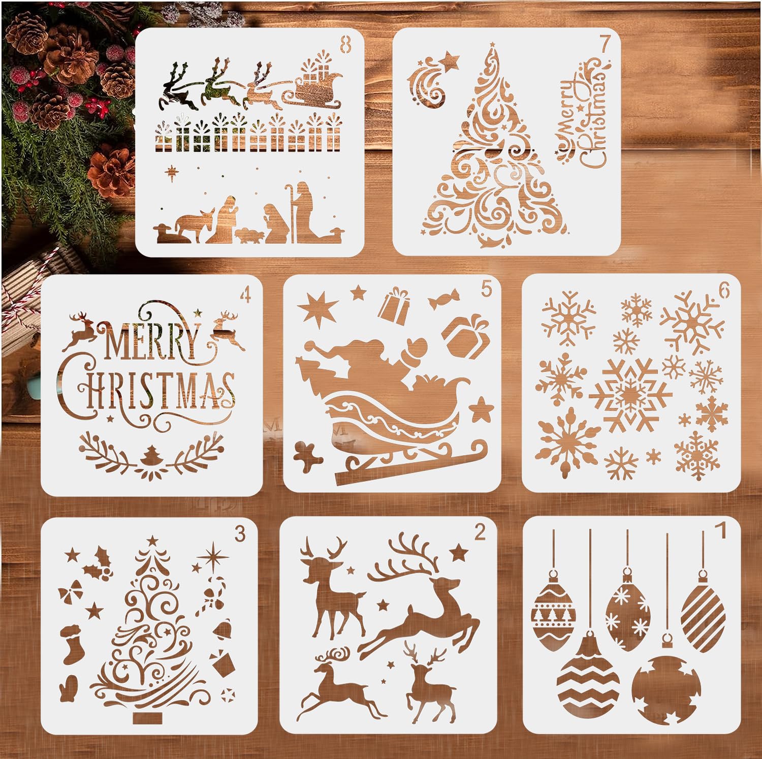 BTORER 8Pcs Reusable Christmas Stencils, 8inches Holiday Drawing Template for Painting on Wood, DIY Crafts Ornaments