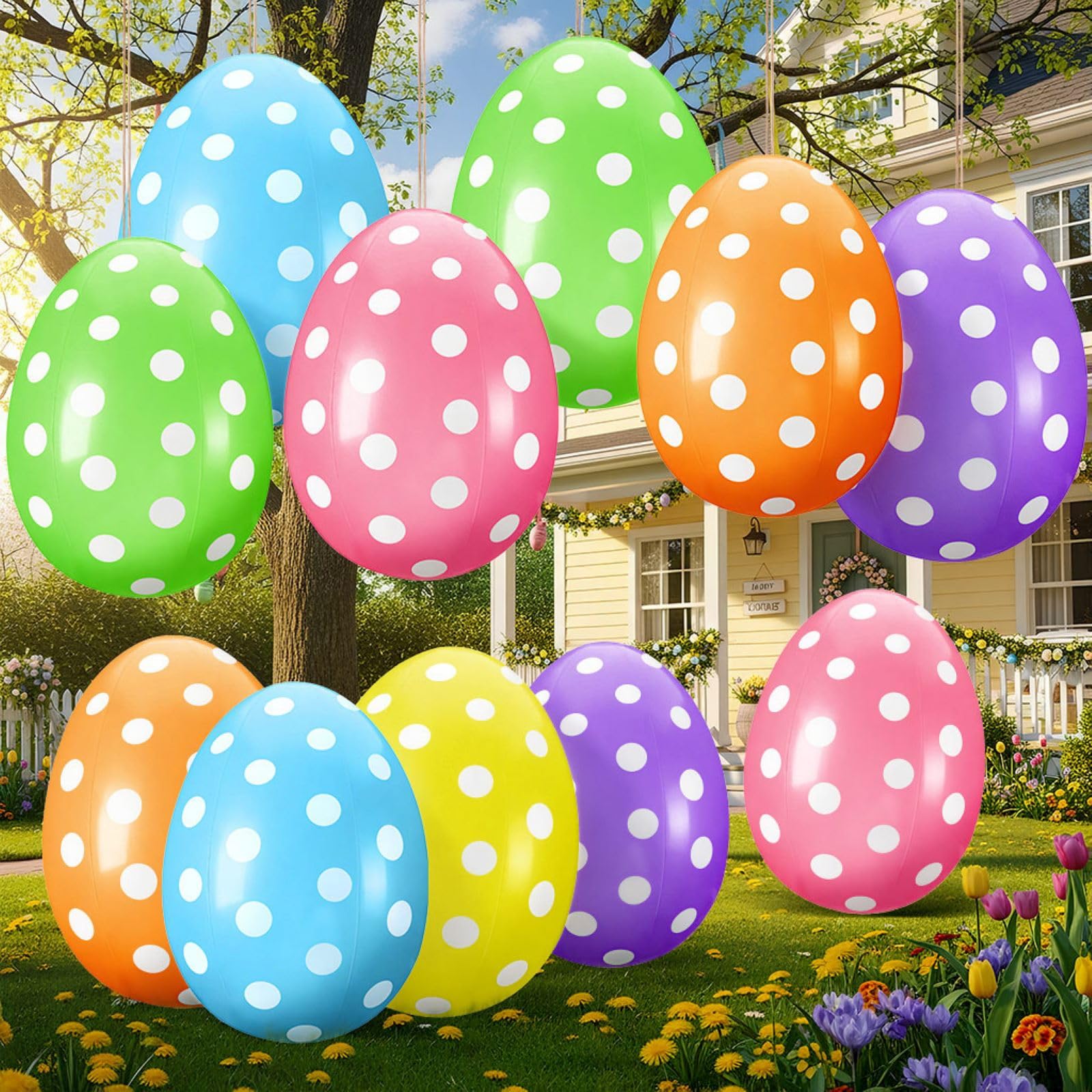 Photo 1 of 12 Pack 24 Inch Easter Inflatable Eggs Jumbo Outdoor Decorations Yard Lawn Decor Kids Toys Bunny Colorful Eggs Inflatable Ornaments for Garden, Party