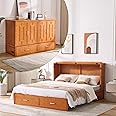 Homnso Murphy Bed Queen,Pine Wood Murphy Bed Cabinet with Tri-Folding Mattress,Storage Drawer with 14pcs Auxiliary Wheel & USB Charging Station for Living Room Apartment (Brown 1#)