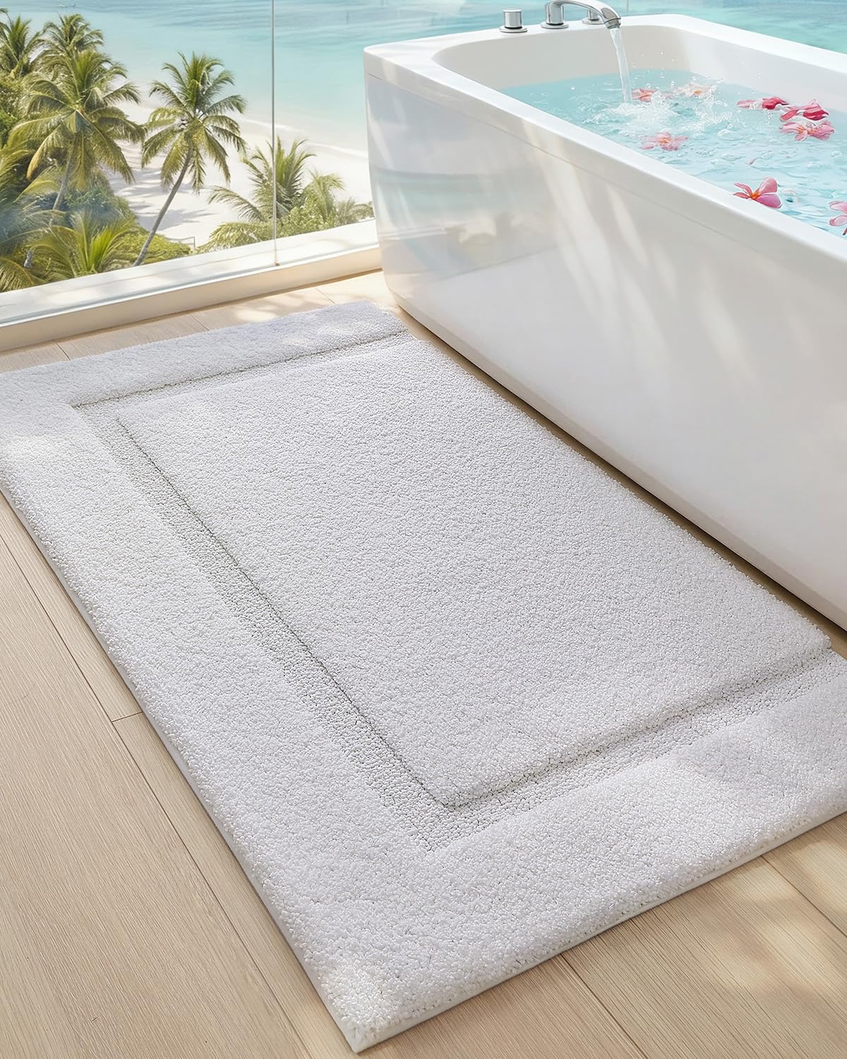 COLOR&GEOMETRY Large Bath Mat, Extra Soft Bathroom Mat Non Slip Bath Mat, Water Absorbent Fast Drying Bath Mats for Bathroom and Tub, 61x152 cm White