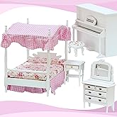 iLAND Dollhouse Furniture Bedroom Set Doll House Mini Bed for Dolls Wooden Miniature Furniture with 1 12 Scale Accessories Pink Dollhouse Accessories Decor