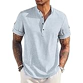 COOFANDY Men's Casual Henley Shirt Short Sleeve Band Collar Linen Shirt Summer Beach Hippie T-Shirts