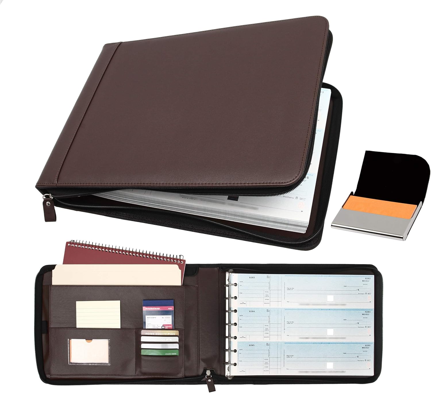 2Fold Zippered Business Check Binder 7 Ring for 3-Up Business Size Checks with Extra Business Card Case - PU Leather Deluxe 7 Ring Checkbook Binder Portfolio with 600 Check Capacity and Storage : Office Products