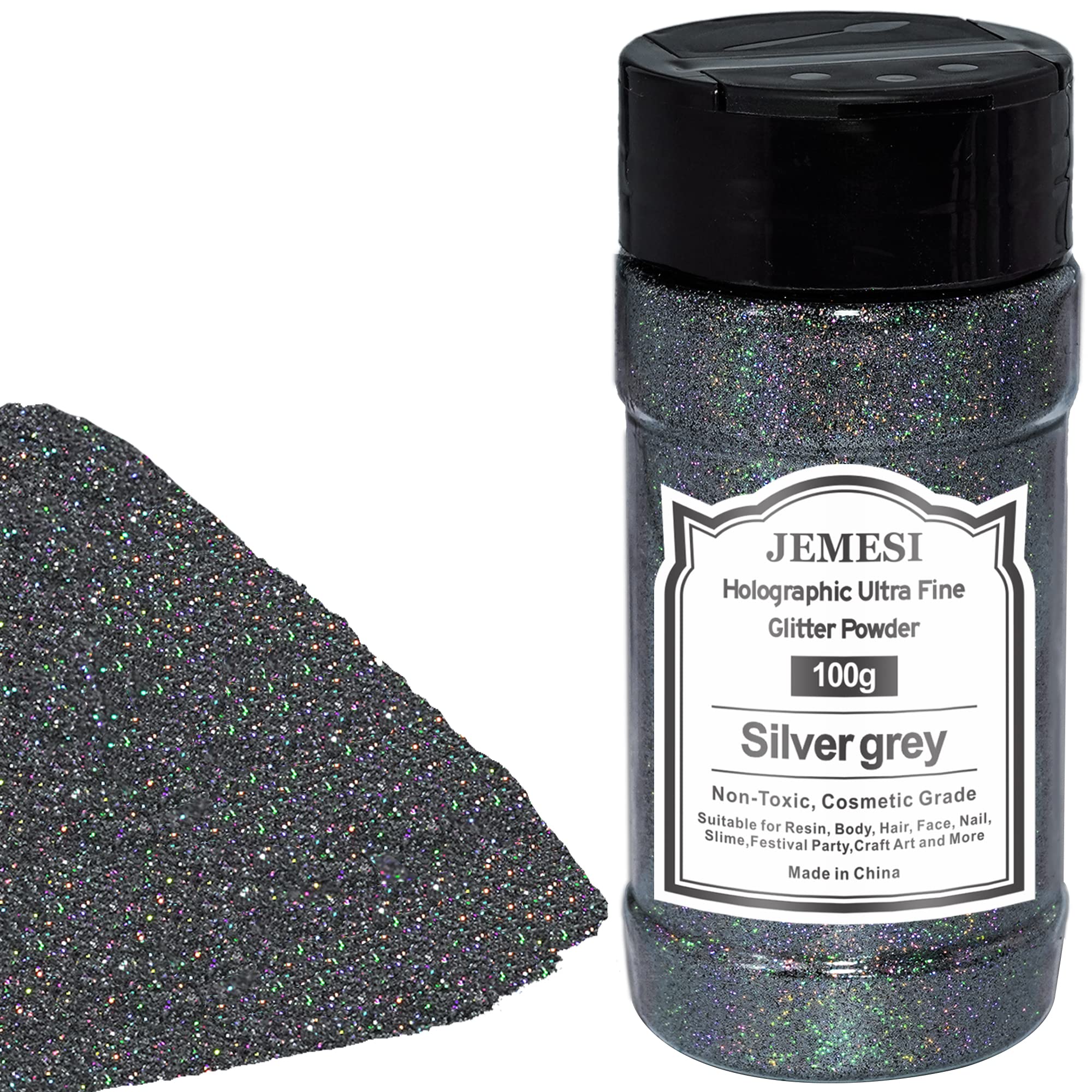 Holographic Ultra Fine Glitter Powder, 100g/3.52oz Extra Fine Epoxy Glitter Flakes Crafts Sequins 1/170'' 0.0059'' 0.15mm for Resin Arts Crafts, Body, Face, Nail, Tumblers Slime - Silver Grey