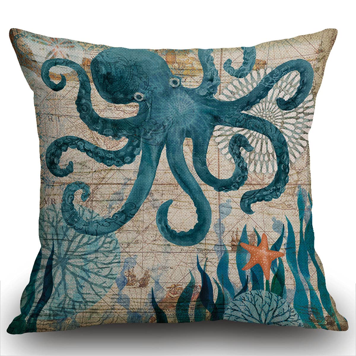 Smooffly Octopus Cushion Cover Cotton Linen Pillowcase Square Throw Pillow Cover Home Sofa Bedroom Decorative 18"X18" Blue 45 x 45 cm