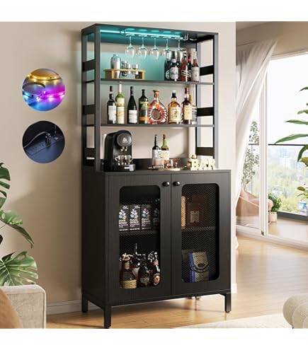 Wine Cabinet Dwvo Farmhouse Bar Cabinet W/Led Lights, 71 Tall Wine