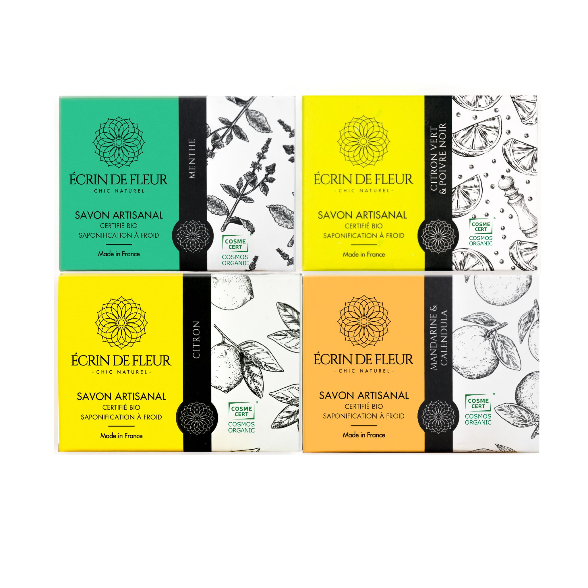 Écrin de Fleur – Organic Bar Soap Gift Set for All Skin Types, French Handmade, Glycerin-Rich, COSMOS & Nature et Progrès Certified, 4 x 90g