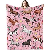 Ciuyxof Cute Horse Blanket Gifts for Girls Women Pink Rose Flowers Western Home Decor Cozy Fleece Throw Blanket for Bed Couch Sofa 60"X 50" (50 x 60 Inch, Horse Flower)
