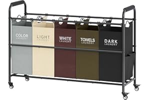Tajsoon 5 Bag Laundry Sorter Cart, Laundry Hamper Sorter Basket with Heavy Duty Lockable Rolling Wheels for Clothes Storage, 5 Colors