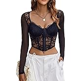 Avidlove Women Mesh Top Lace Crop Top Long Sleeve Sheer Blouse Y2K Mesh Shirts Sexy Going Out Tops Club Outfits