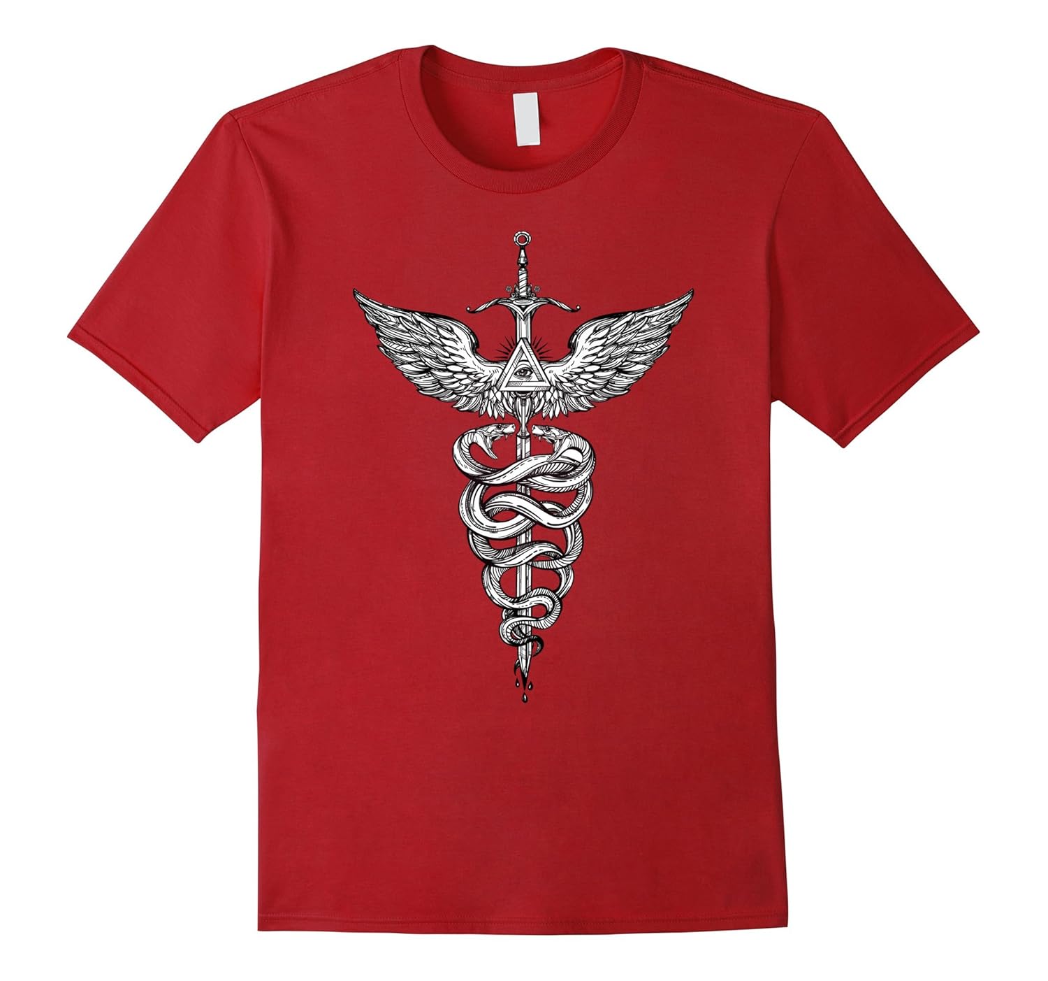 Snakes Winding Around a Winged Sword Caduceus Symbol T-Shirt-Rose