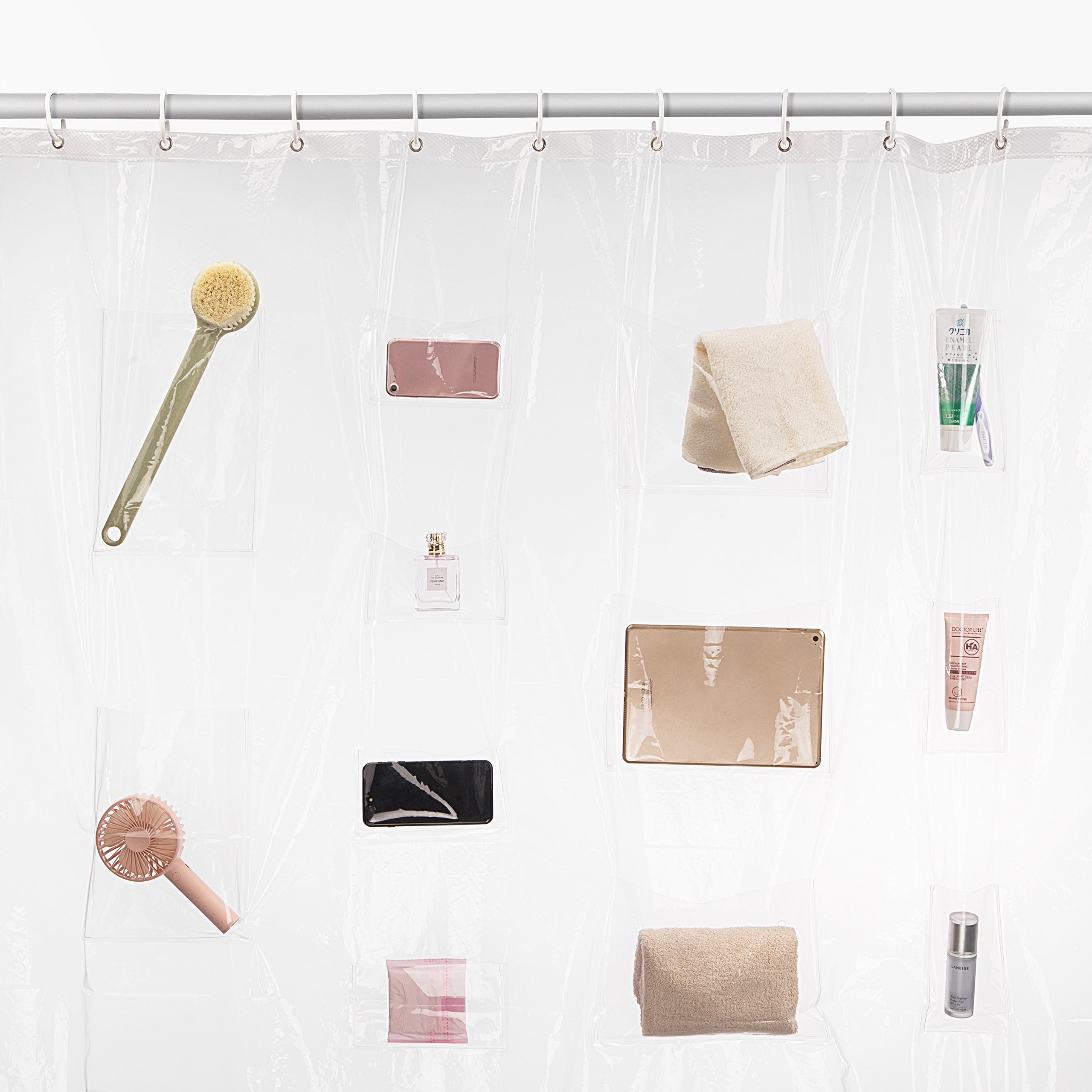 Jasontric Clear Shower Curtain Liner, with Pockets for Phone Ipad Tablet Bath Curtains Sheer Transparent Waterproof Bathroom Curtain Liner Phone Tablet Holder