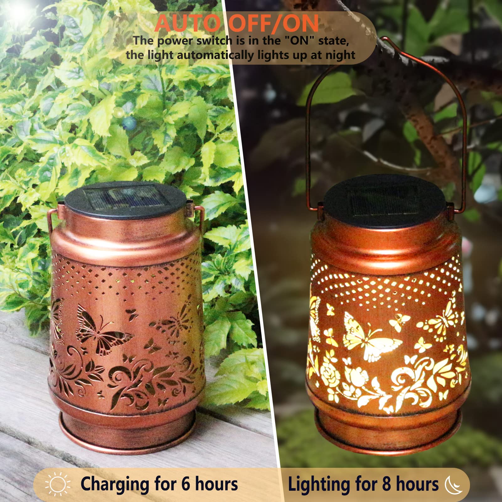Solar Lanterns Outdoor Waterproof Butterfly Garden Decor Birthday Gifts for Women Mom Grandma, Hanging Solar Lights Metal Lantern Decoration Outside for Yard, Patio, Backyard, Porch