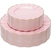 QualQuot 120PCS Pink Plastic Plates, Heavy Duty Disposable Party Plates with Gold Rim, Fancy 60 Dinner & 60 Dessert Plates for Parties and Wedding