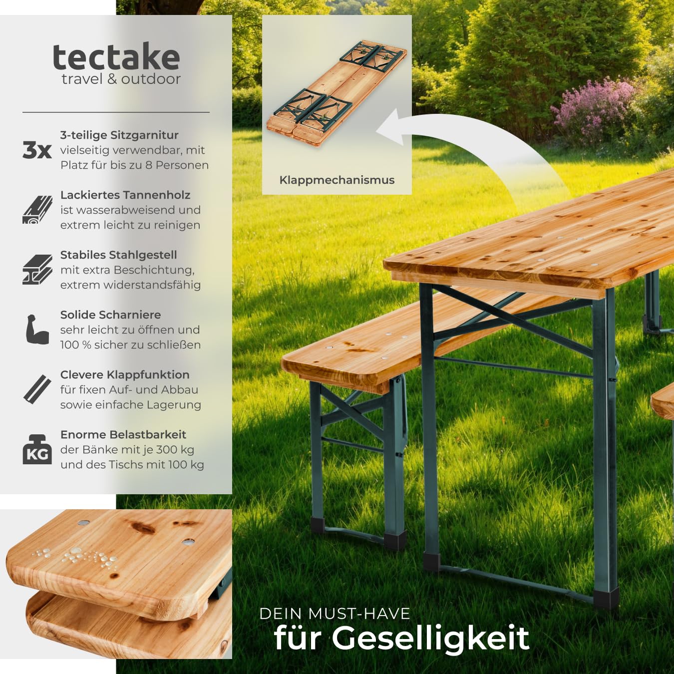 tectake® Bierzeltgarnitur klappbar, Biertisch Klapptisch mit 2X Bierbank, Gartenmöbel Set, Camping Zubehör, Klapptisch Esstisch, Camping Tisch faltbar, Balkontisch, Campingtisch klappbar 2