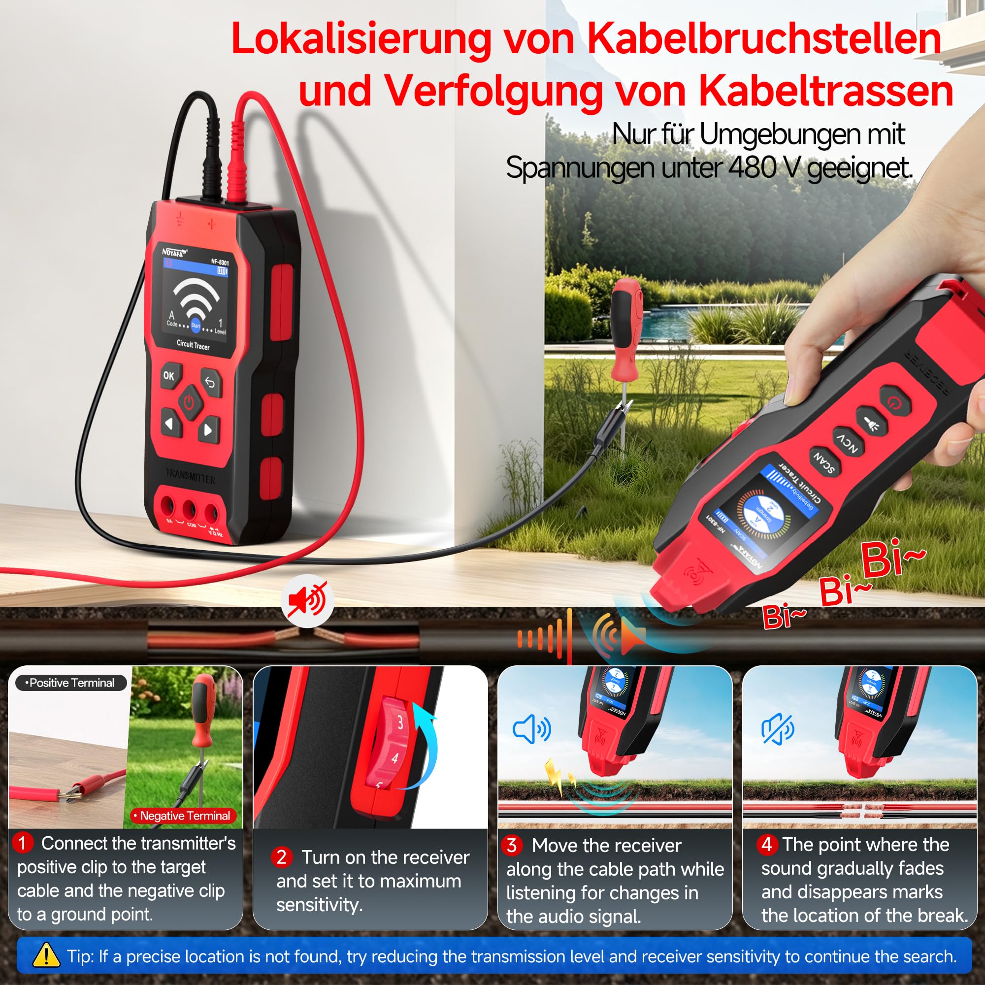 NOYAFA NF-8301 Kabelsuchgerät & Leitungssucher mit Digitalmultimeter, Unterirdischer Kabeldetektor, 8 Stufige Empfindlichkeit, Circuit Tracer für Wand, Sicherungs & Bewässerungskabel 4