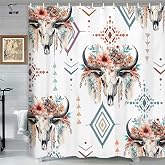 Hjokiupt Western Bull Skull Shower Curtain, Retro Cow Longhorn Skull Flower Head Bathroom Curtain, Boho Farmhouse Waterproof Polyester Shower Curtain Set,72x72 Inch