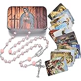 SZQCZB Rosary Beads Catholic Necklace Holy Soil Medal Cross Crucifix with Metal Box and 18pcs Prayer Cards