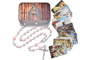 SZQCZB Rosary Beads Catholic Necklace Holy Soil Medal Cross Crucifix with Metal Box and 18pcs Prayer Cards