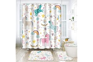 ArtSocket Unicorns Rainbow Bathroom Set with Shower Curtain and Rugs Accessories Cute Cloud Fun Girl Shower Curtain Set Kids Abstract Colorful Striped Creative Vintage Bathroom Decor 4 Pcs