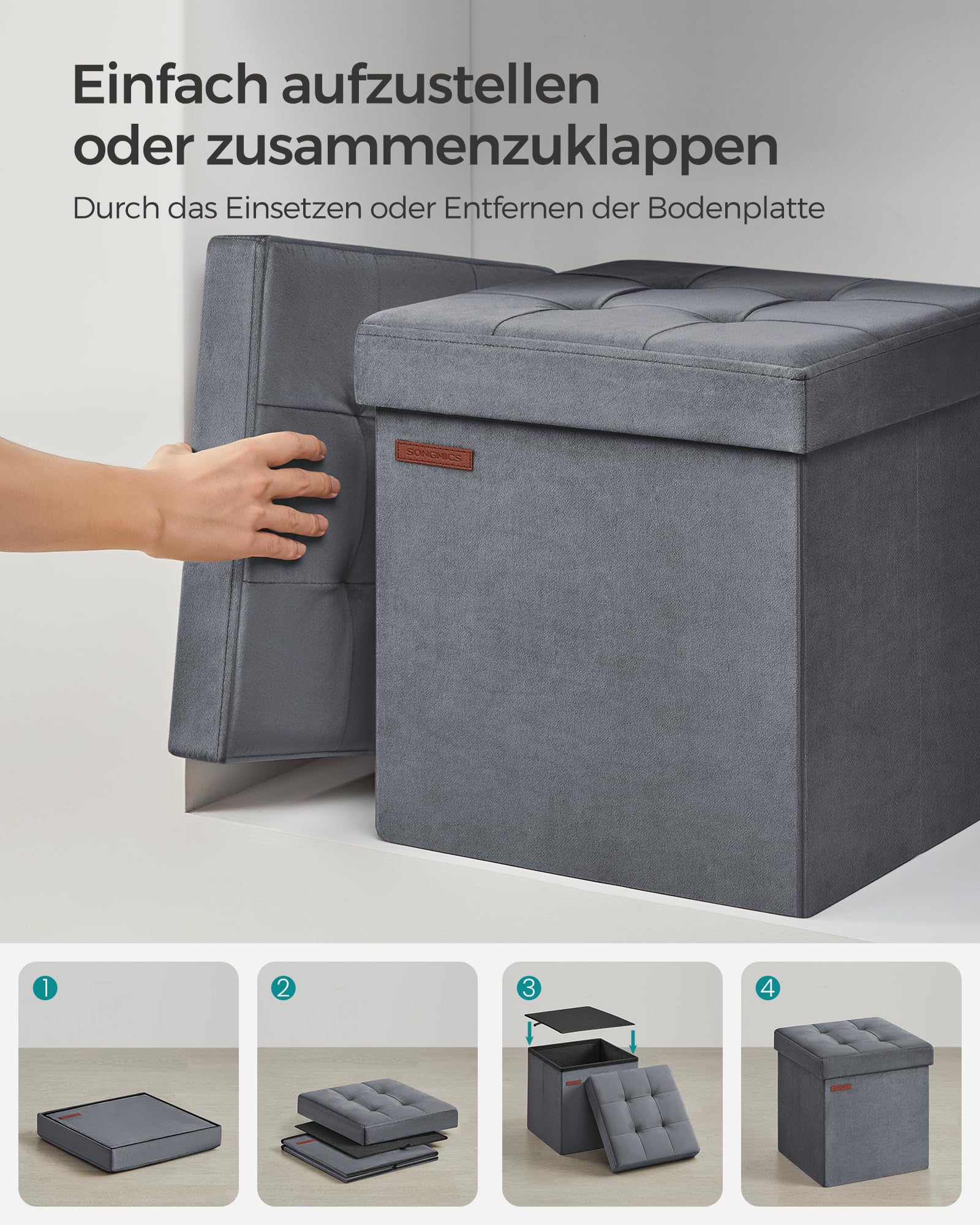 SONGMICS Sitzhocker mit Stauraum, klappbare Sitzbank, 38 x 38 x 38 cm Fußbank, Aufbewahrungsbox, bis 300 kg belastbar, für Wohnzimmer Schlafzimmer Flur, schiefergrau LSF227G01 6