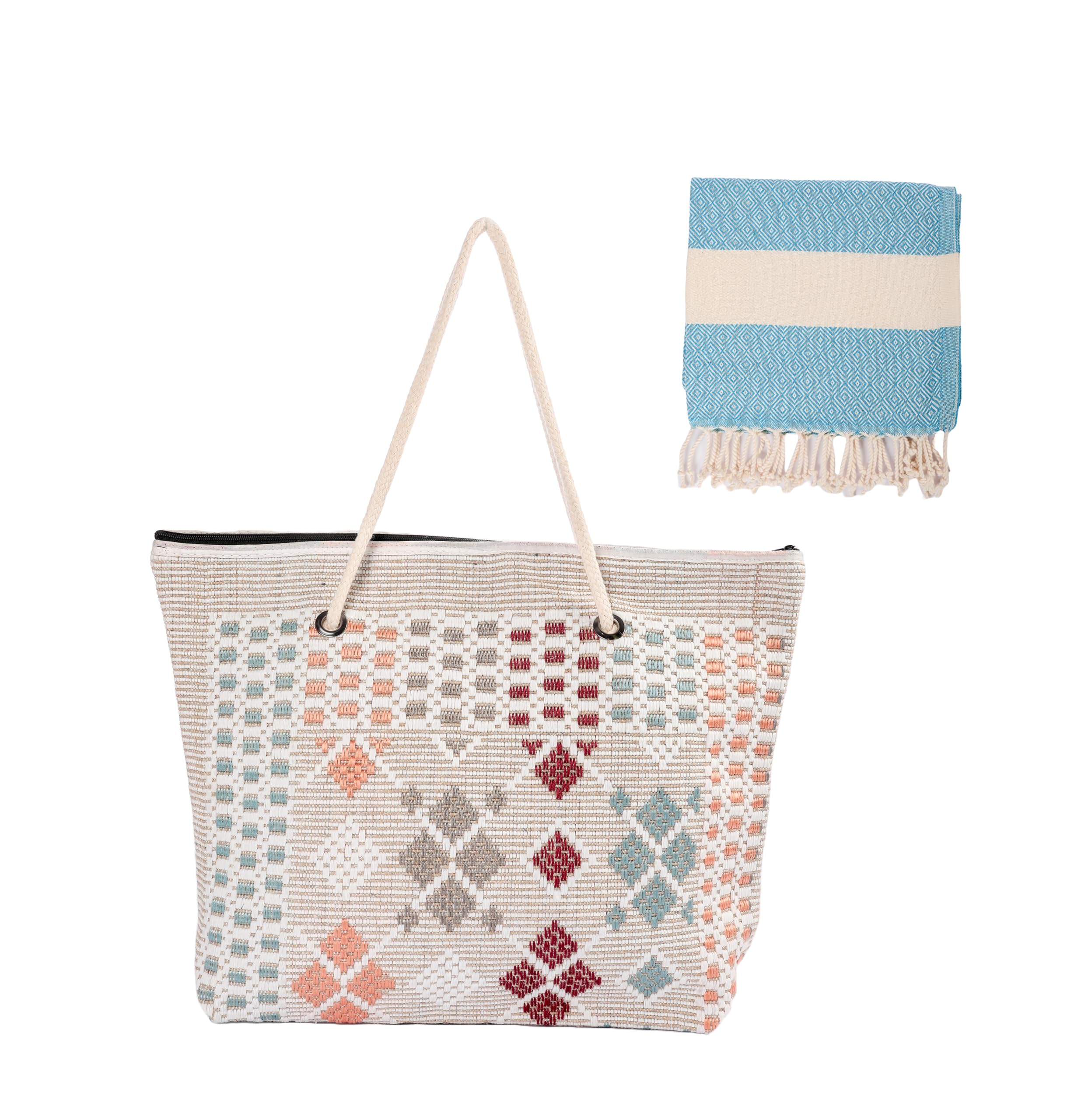 Large summer Beach Tote Bag Boho Zipper Closure Bohemian, Rope Handles Shoulder Loomed Beach Bag for Women, Gym Yoga, Family Travel Holiday Picnic Swimming Pool (Bohemian 1)