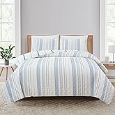 Market & Place 2 Piece Reversible Quilt Set with Sham | All-Season Soft & Lightweight Bedspread with Modern Striped Pattern | Sofia Collection (Twin, Ivory/Blue)
